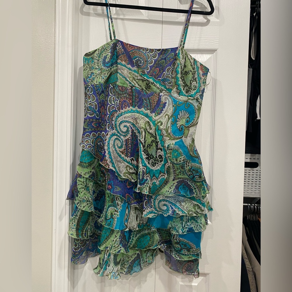 100% Silk Dress by Designer Nicole Benisti Blue Green Paisley Size 12